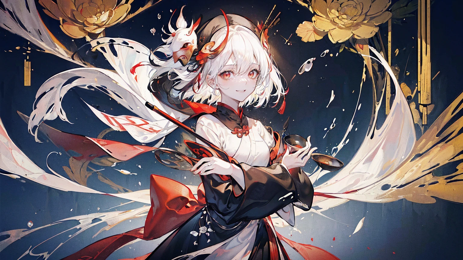 (Super detailed)),((illustration)),((masterpiece)),(((need))),((fine、Highest quality CG Unity 8K wallpapers,masterpiece),((4K,masterpiece,best quality)),Woman with short hair and no bangs,Female ghost,Golden pupils,White short hair with red highlights,Slim body,Immortal,Immortal overflowing,A defiant smile,Full of confidence,Wearing a Chinese Taoist robe that mixes black, white and red,Wearing a bamboo hat,Holding a wine gourd in the right hand,Waving whisk with left hand,On the water,Water splashing ripples,Ink background,In the small pool,There is a portrait of a crane behind him,There are black and white lotus flowers around,The crane mask flipped up on the head,individual,Full body picture