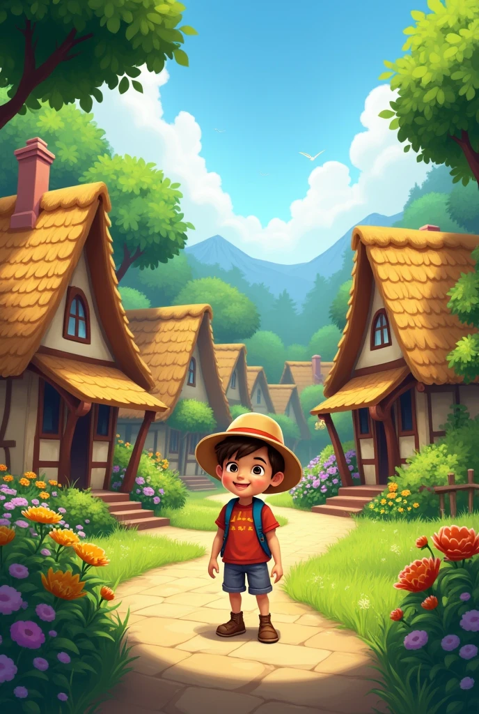 A charming, small village surrounded by a lush, green forest. The village has cozy cottages with thatched roofs and colorful gardens. A young boy, Timmy, with a big smile, is excitedly preparing for an adventure. The sky is clear and sunny