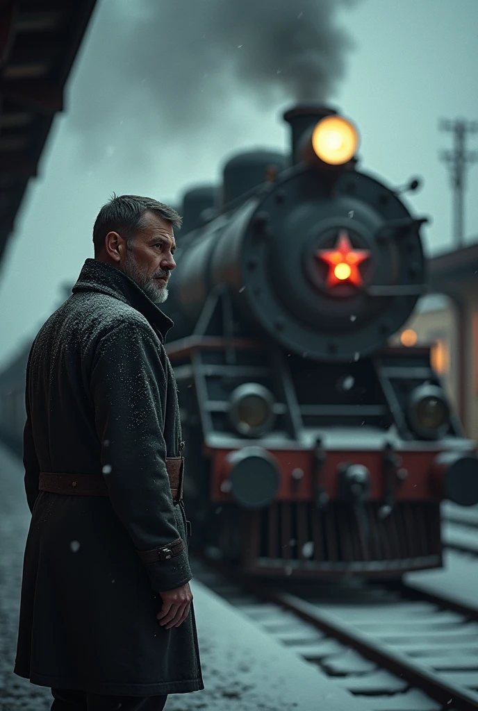 masterpiece, best quality,Soviet man,Train driver,Steam locomotive,World War II,TRAIN STATION,About to travel,dimly lit scene,Dim Lights,Snow