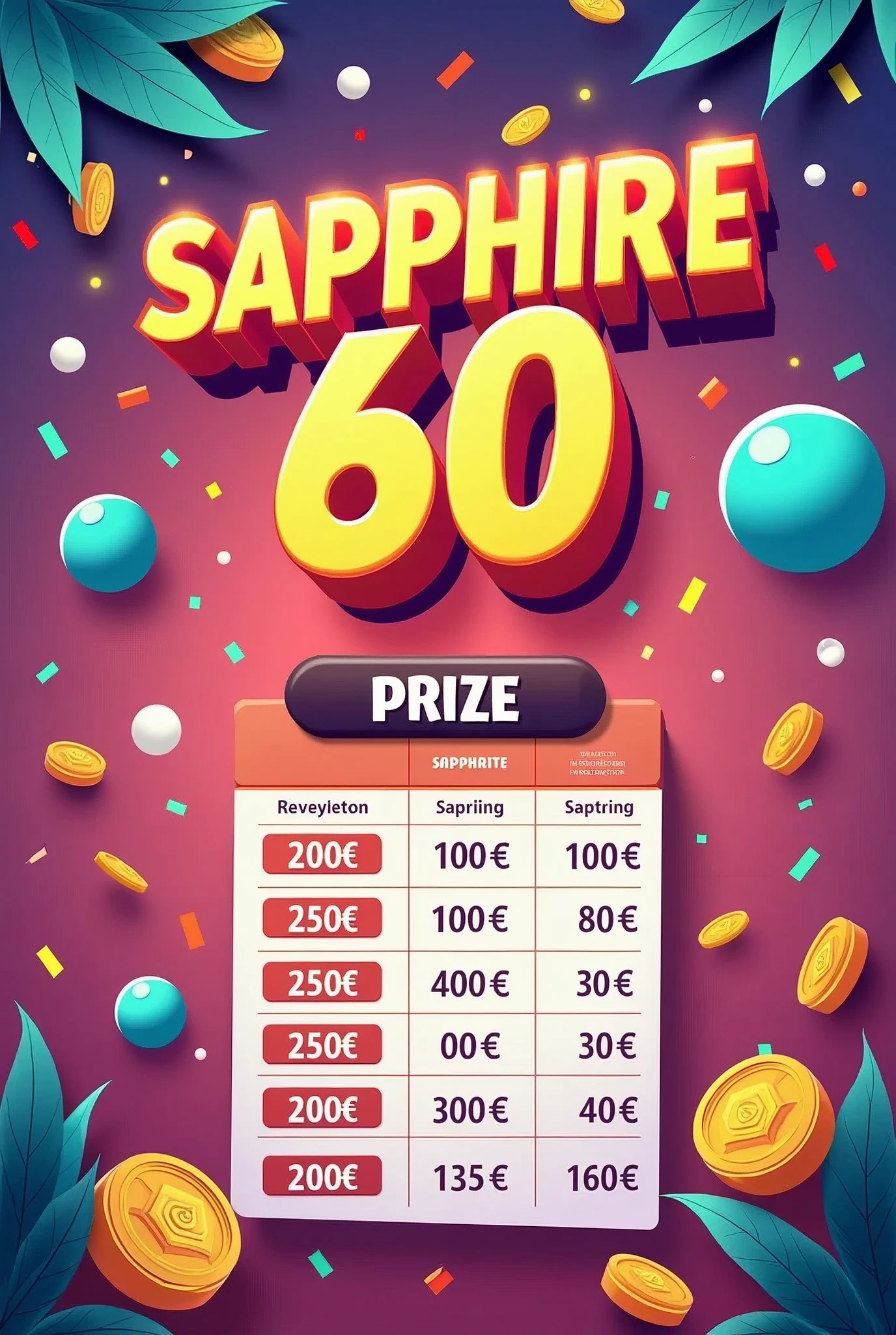 
The image has a colorful and cheerful background, with the title "SAPPHIRE 60" in big, bold letters. Registration 10 soles ,  under the title, There is a table with the prizes:

- First prize: 100 soles - Sure prize: 100 soles - Third prize: 100 soles - Fourth prize: 50 soles - Fifth prize: 50 soles - Sixth prize: 50 soles - Seventh prize: 30 soles - Eighth prize: 30 soles

