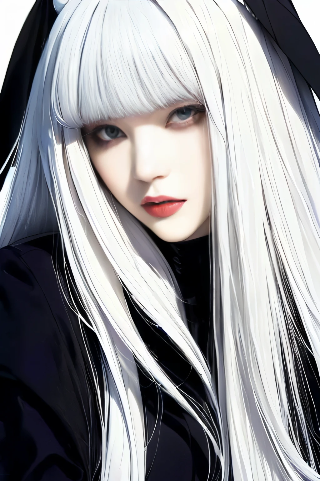 a close up of a person with long white hair and a black jacket, White hime cut hairstyle, white bangs, long gray hair and bangs, with long white hair, cabello con white bangs, with long white hair, intense white fur, Brutal Korean Gothic Girl, pale porcelain white skin, girl with white hair, Pale fur, Beautiful face with white fur