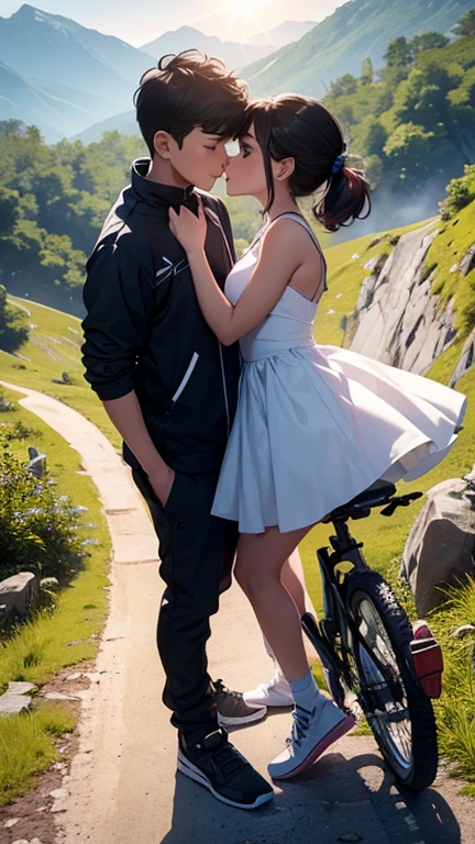 Ek boy on mountain with sports bike and a girl kissinG boy full body teach and India beautiful girlsand boy and sun lower