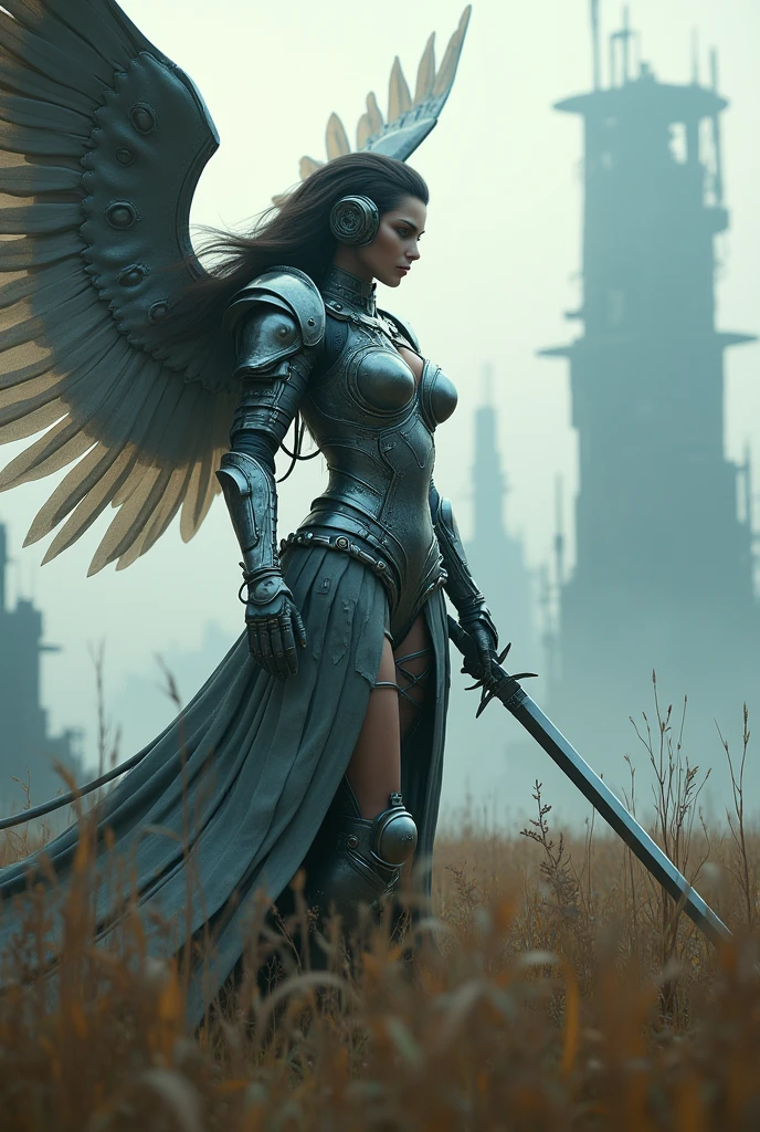 REAL - style image of a woman with a sword in a field, cyberpunk art inspired by Leng Mei, cgsociety contest winner, fantasy art, beautiful cyborg angel girl, angel knight girl, as a mystical valkyrie, battle angel, angel in plastic armor, mechanized valkyrie girl, unreal engine 4k wallpaper, wraith from apex legends, epic angel wings