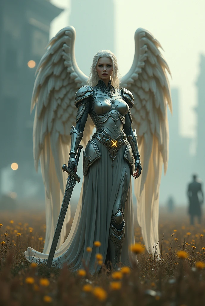 REAL - style image of a woman with a sword in a field, cyberpunk art inspired by Leng Mei, cgsociety contest winner, fantasy art, beautiful cyborg angel girl, angel knight girl, as a mystical valkyrie, battle angel, angel in plastic armor, mechanized valkyrie girl, unreal engine 4k wallpaper, wraith from apex legends, epic angel wings
