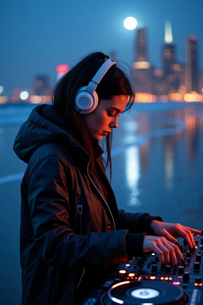 A beautiful female DJ in a jacket with headphones on a soundboard on the beach at night with a city lit up behind on an island