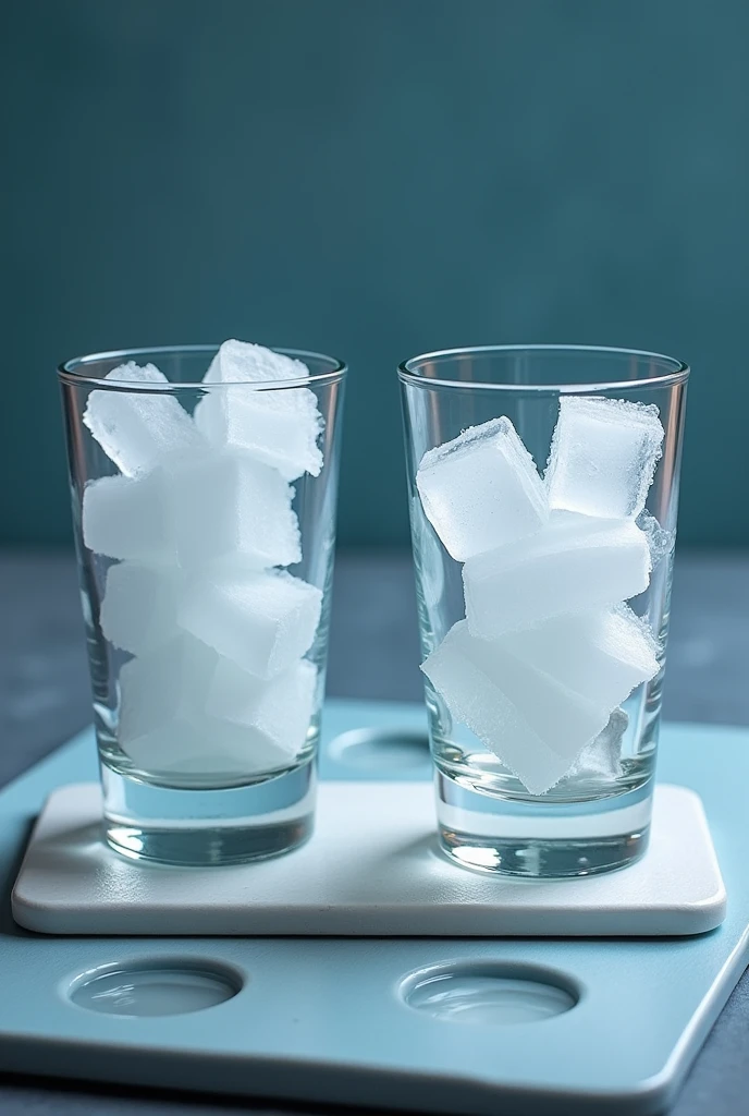 EXPERIMENTAL DEVELOPMENT 1. We put a little water in the tray, so that two separate puddles are formed, and on the water, the two glasses face up.

2. We put the same amount of solid ice cubes in the two glasses.. 

3. In one of the glasses we add a couple of tablespoons of table salt or common salt.
I want an image of the result of that as if it were a photo
