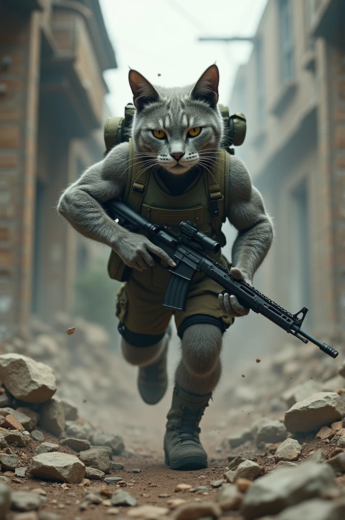 highest quality, 8k, Photo realistic: 1.2), Realistic skin texture, gray cat human-like body ca who served in special forces, In a building filled with rubble, attacked, Fighting and trying to escape, Wall Collapses, Assault rifle, Bulletproof vest,military helmet,Backpack,military boots ,Determined look,Dynamic pose,Innovative Configuration,Dust in the air