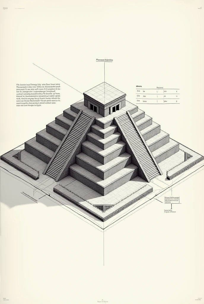 Isometric drawing of the Pyramid of the Sun at scale 1:500 based on the real one, with measurements in meters