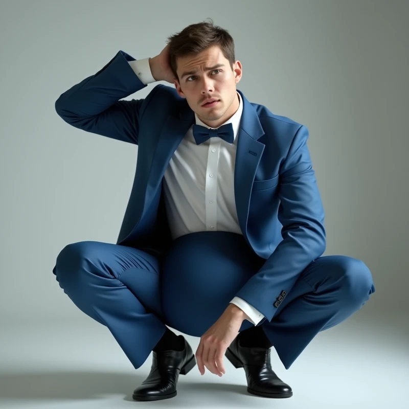 a 20 years old guy in blue tuxedo squatting down confused expression, one arm behind his head, big bulge