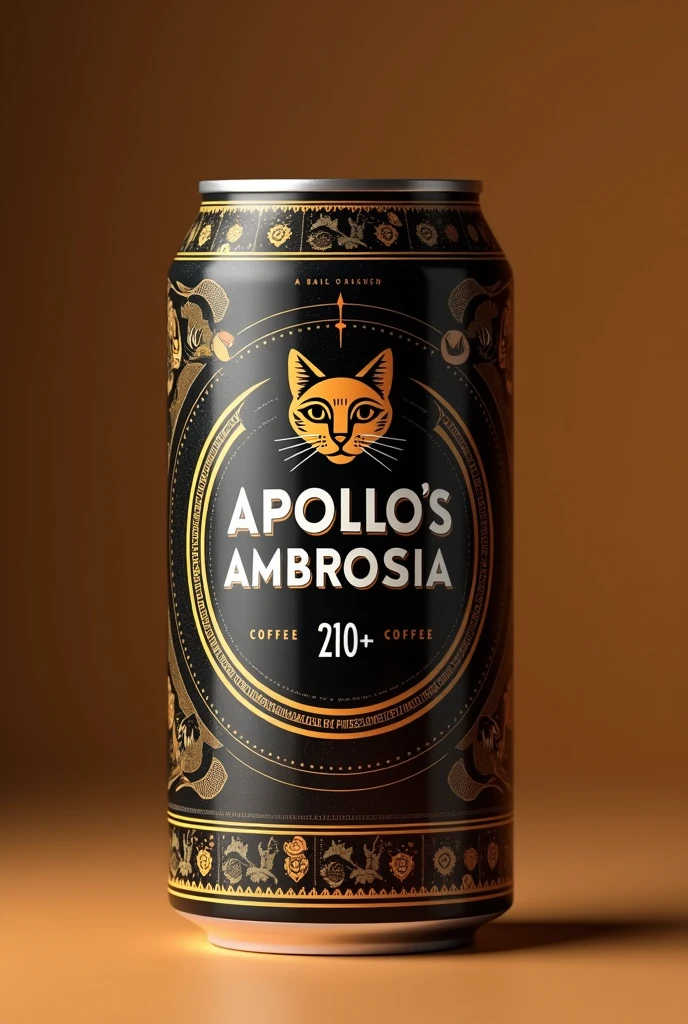 make me a design artwork for a canned coffee packaging with a 250ml can size with a Roman concept with the brand name Apollo&#39;s Ambrosia with a cheerful design, with the dominant color black, gold and white with a cat image as a small logo or a cat head with artwork design


