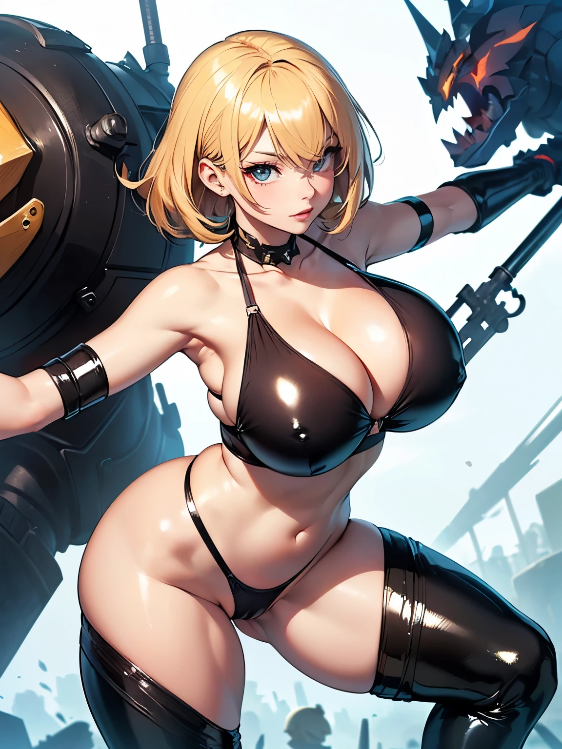 ((Seductive Anime Girl:1.2、solo:1.3))、Meticulously drawn hair, Meticulously drawn eye, Precise human body structure、((Combative posing:1.2)), ((armament:1.5))、((dynamism:1.3))、((dynamic angle:1.5))、((Being in battle field:1.5))、((latex micro bikini:1.3 crop top:1.3))、((sleeveless:1.5))、((crop top navel))、((highleg:1.3))、((huge breasts:1.3))、((huge hip:1.3))、((thick thighs))、curvy、((collarbone))、((cameltoe))、((Glossy realistic skin texture:1.2))、((shiny skin:1.2))、((Meticulously drawn hands))、perfect anatomy、masterpiece, ultra-detailliert, 8k, hiquality, Top image quality, Smooth texture、Sharp Focus, watercolor
