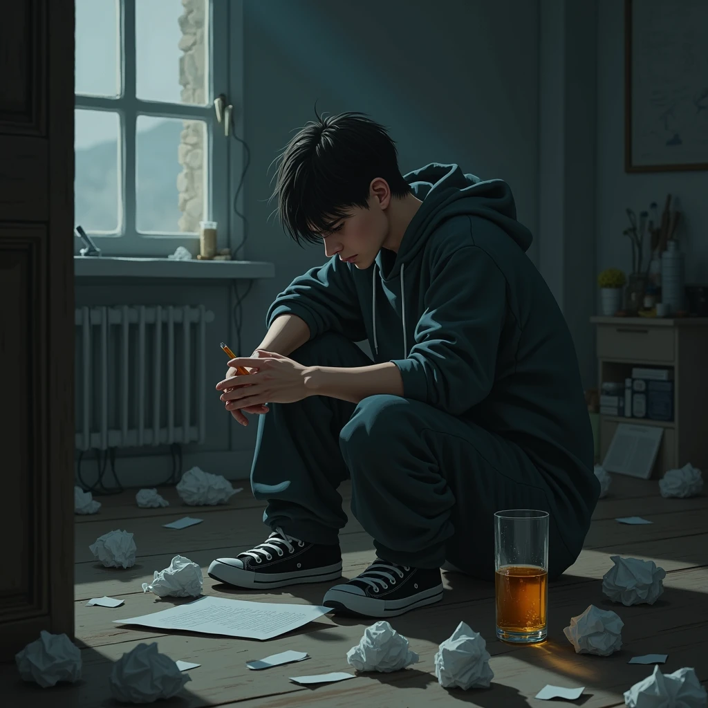 Teenager man with short hair, a bit overweight, writing a sad song, drinking alcohol, many paper balls behind