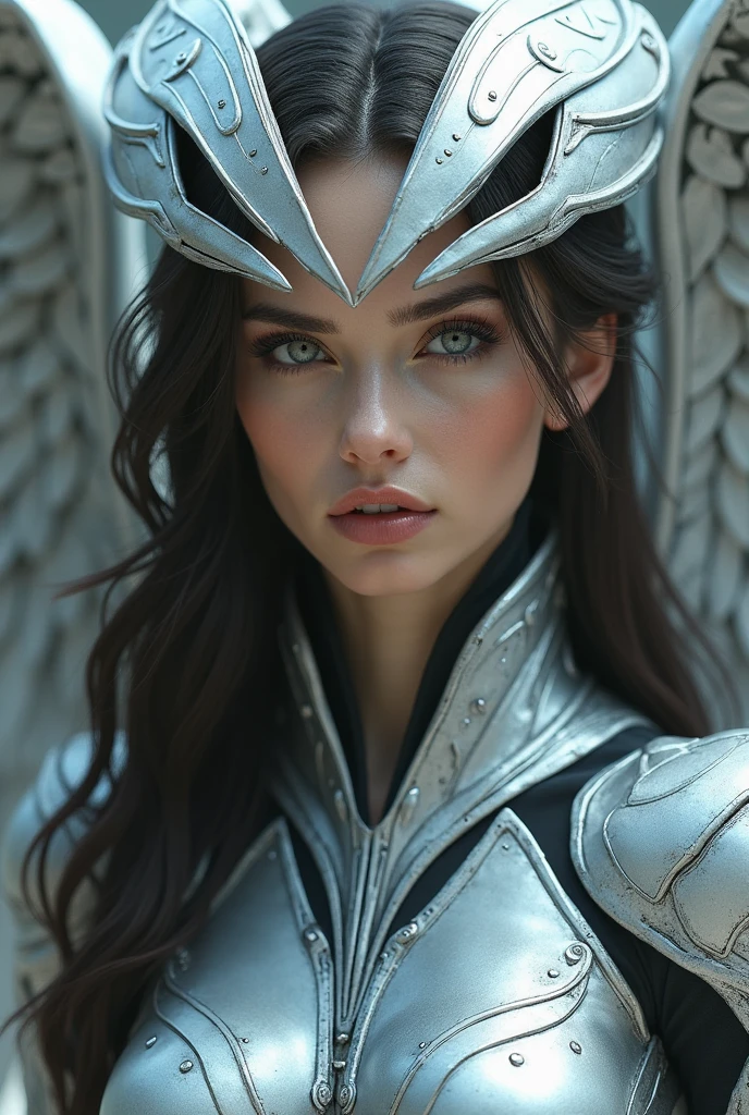 a close up of a woman in a silver suit with wings, a portrait inspired by Marek Okon, cgsociety contest winner, fantasy art, x-men storm, angel in plastic armor, battle angel, beautiful cyborg angel girl, artgerm julie bell beeple, dove cameron in a knight armor, stunning vfx, margot robbie as a fairy, tron angel