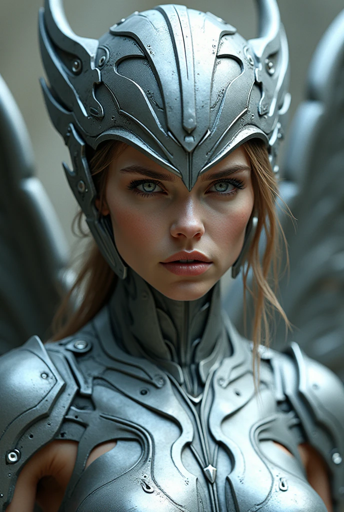 a close up of a woman in a silver suit with wings, a portrait inspired by Marek Okon, cgsociety contest winner, fantasy art, x-men storm, angel in plastic armor, battle angel, beautiful cyborg angel girl, artgerm julie bell beeple, dove cameron in a knight armor, stunning vfx, margot robbie as a fairy, tron angel