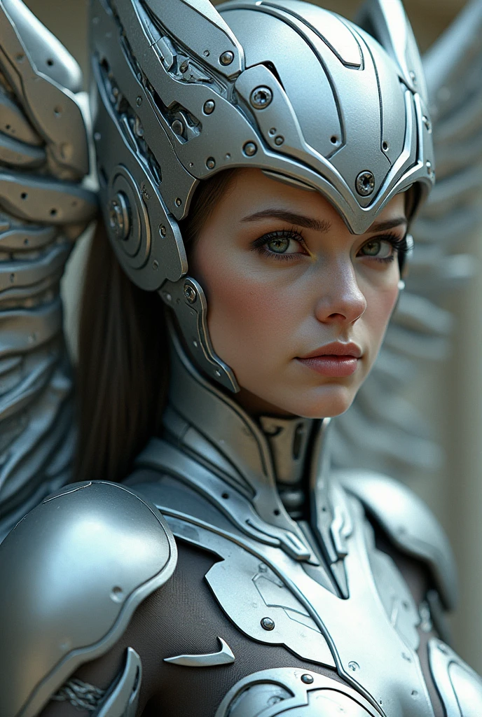 a close up of a woman in a silver suit with wings, a portrait inspired by Marek Okon, cgsociety contest winner, fantasy art, x-men storm, angel in plastic armor, battle angel, beautiful cyborg angel girl, artgerm julie bell beeple, dove cameron in a knight armor, stunning vfx, margot robbie as a fairy, tron angel