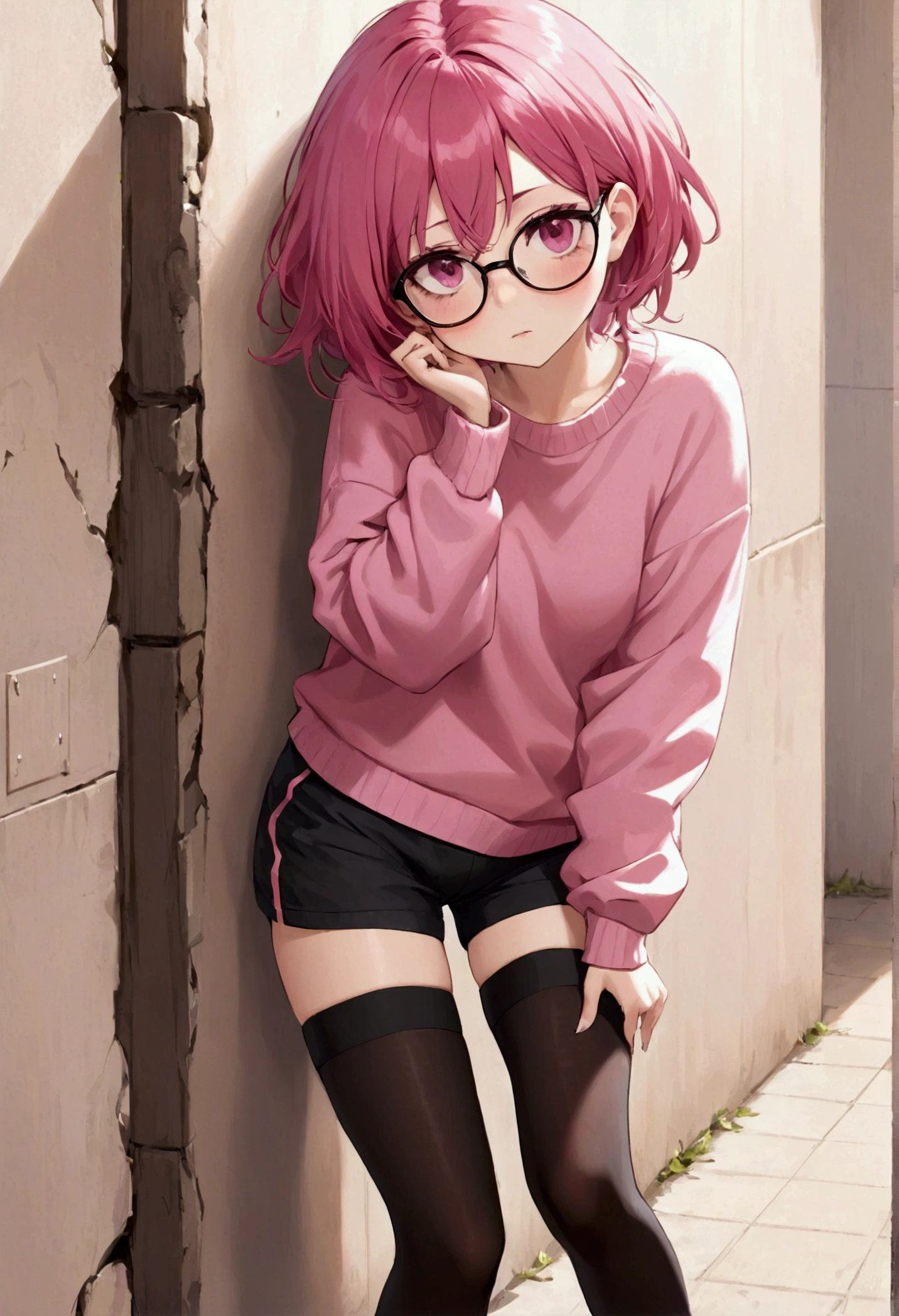 pink hair black glasses pink eyes extremely blushed a big pink sweater short black skirt black stockings white tennis shoes that is a reserved girl stuck to a wall grabbing the butt