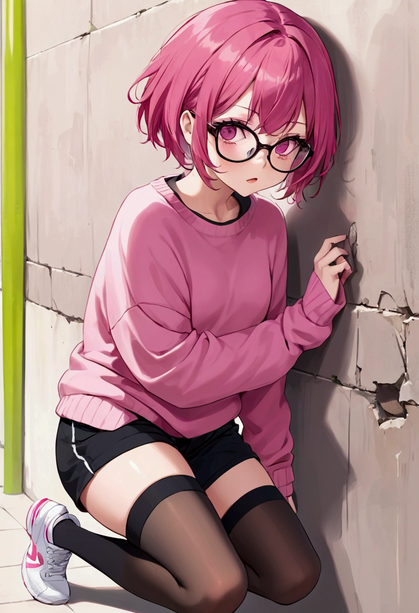 pink hair black glasses pink eyes extremely blushed a big pink sweater black shorts black stockings white tennis shoes that is a reserved girl stuck to a wall grabbing the butt 