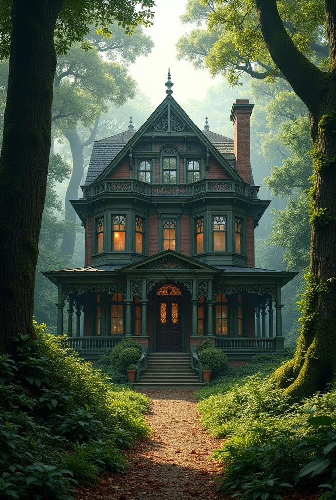 A Victorian style house in the middle of a forest
