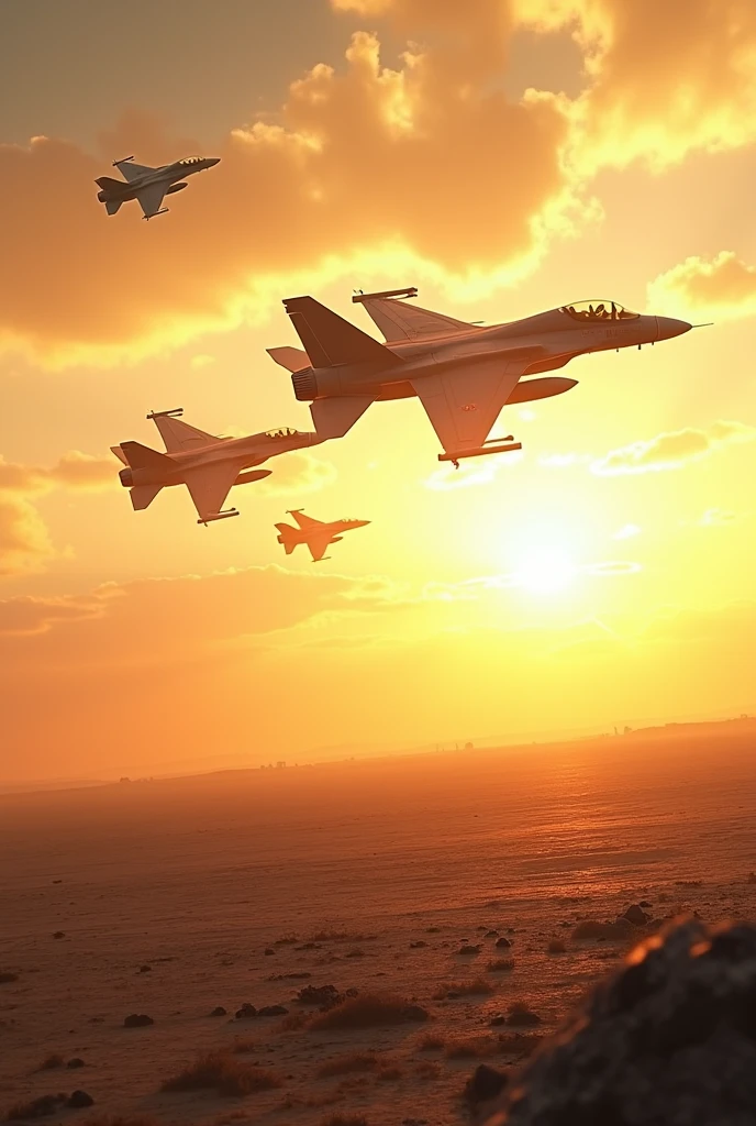 There is a vacant ground in of battle field and some fighter F-14 are seen in sky.bright sky is there