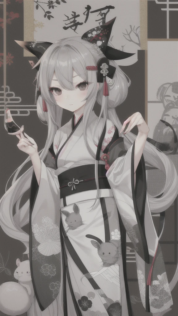 masterpiece, best quality, highres, hmnaa, hair ornament, mask on head, long sleeves, wide sleeves, epaulettes, black pantyhose, thigh strap, bell, cowboy shot, fang, indoor, peace sign,h,grin,nsfw,sweating,(trembling:1.2)