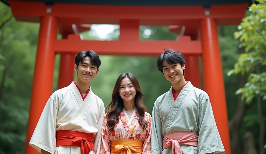 Two young Japanese men and a woman in kimonos are smiling in front of a red torii gate,Excited, Photo of your face, For work, With lush natural scenery as a background, with a natural look, With a slightly tired look, tilt your face a little, Diagonal orientation, Average face