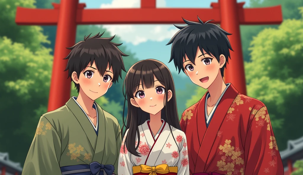 Two young Japanese men and a woman in kimonos are smiling in front of a red torii gate,Excited, Photo of your face, For work, With lush natural scenery as a background, with a natural look, With a slightly tired look, tilt your face a little, Diagonal orientation, Average face