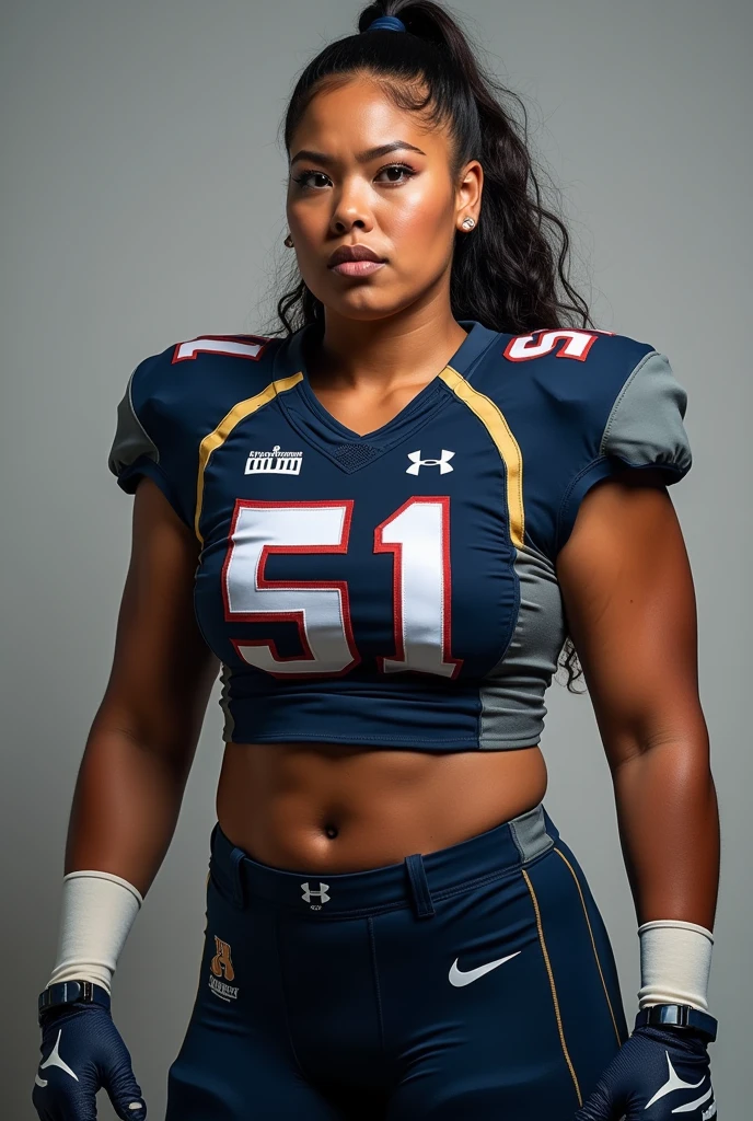 A photo of Tina Nguyen, a Tight End for the female Howard Bison football team. Number 51. Curvy as hell. Uniforms are dark blue with grey numbers and white trim