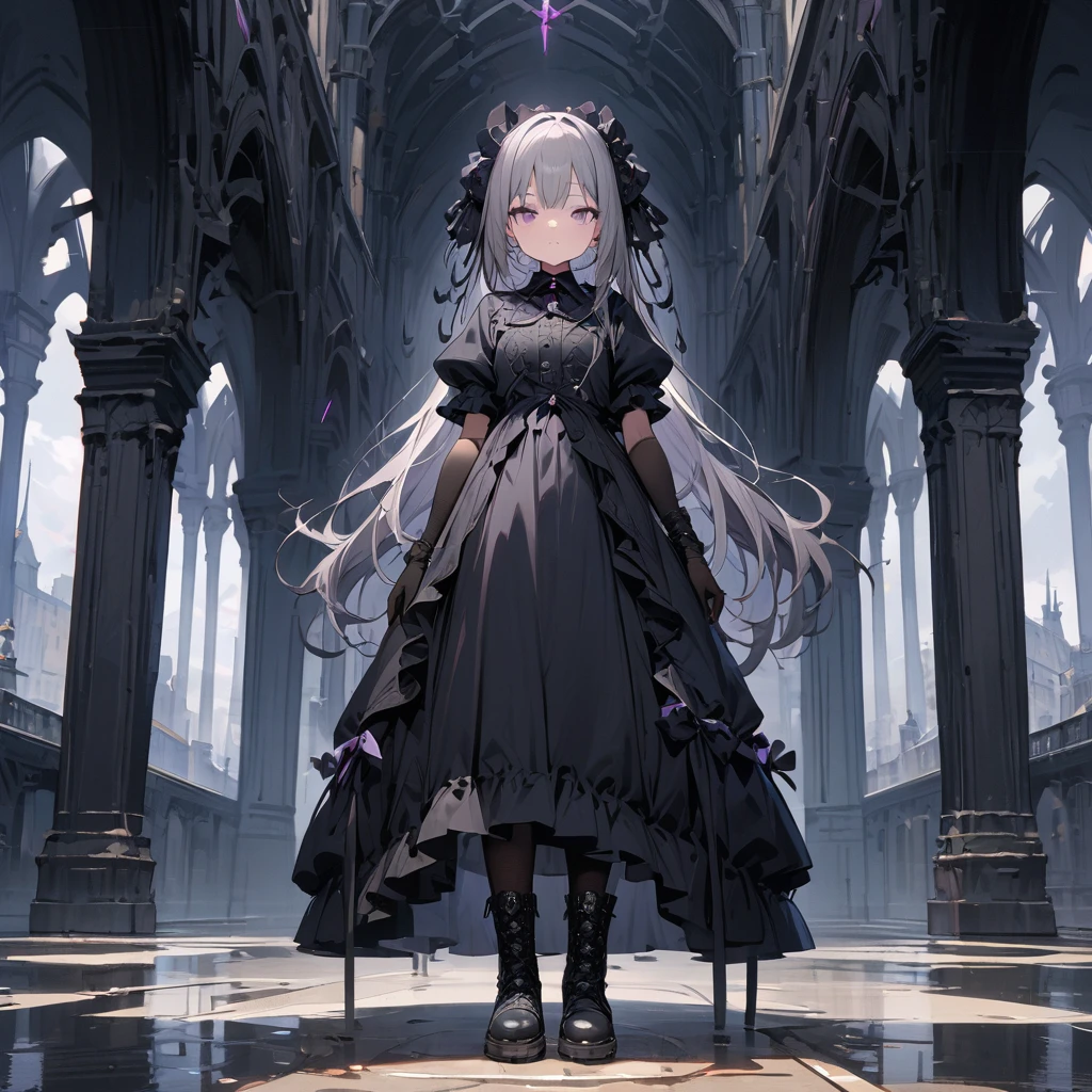 (((masterpiece))),(((best quality))),(((extremely detailed))), 1girl, solo, gothic lolita, short girl, neutral face, looking at viewer, standing, contrapposto, front view , full body, long floating grey hair , purple eyes, BREAK (((full long black dress, frilled dress))), (black cross-laced footwear, black pantyhose), (lace-up boots), black elbow gloves, puffy short sleeves BREAK gothic architecture, building, cloudy sky