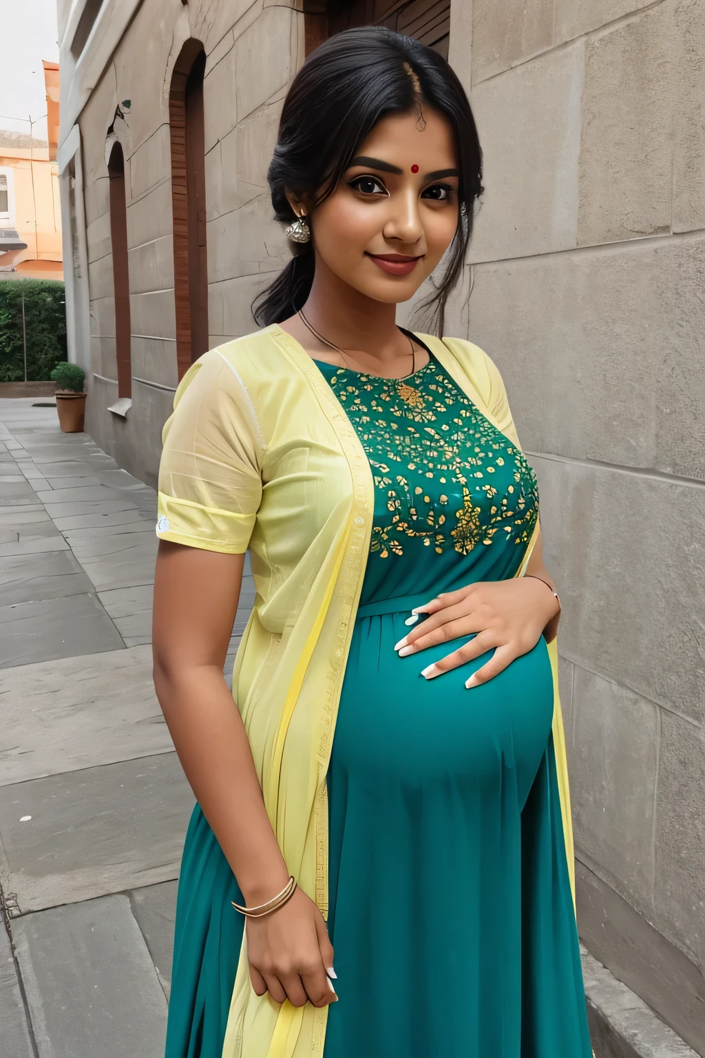 cute beautiful indian girl with smily face with pregnant with different types of Hair style with stylish trending modern different green color full stunning dress with his 2 years old cute little baby with cute full size straight full pic