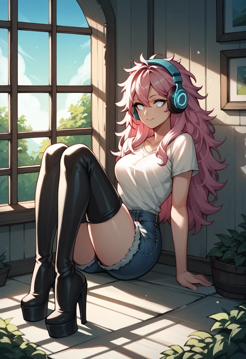 score_9, score_8_up, score_7_up, score_6_up, score_5_up, score_4_up, source_anime, 1woman, sexy face, sit, pink hair, long hair, white eyes, croosed legs, messy hair, white shirt, jeans shorts, black thigh high boots, platforms, heels, day, windows, beautiful view from the window, There are forests and fields outside the window, headphones, dungeon, best quality, best res, 4K UHD,