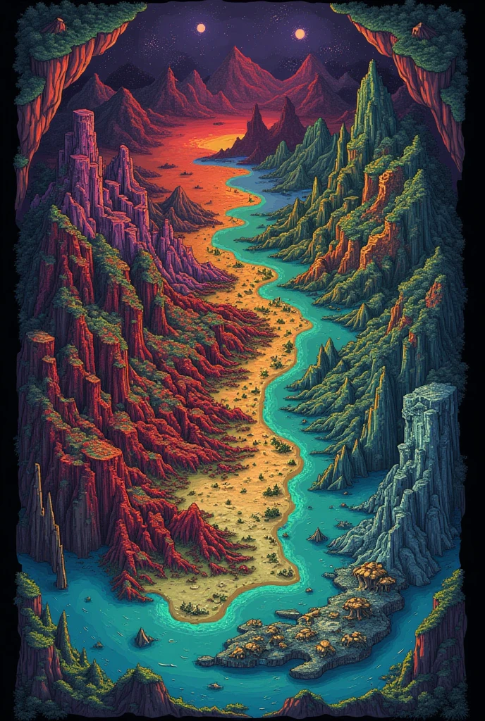 A large representation of Terraria world map including corruption, crimson, hell and space biomes.
No legends, no text, view from side