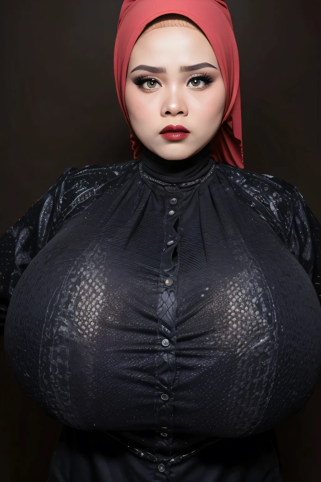 ((4x-UltraSharp)), ((Red Lips)), (((Jilbab))), ((GOTHIC GOTH GIRL BLACK LIPS)), Jumbo (Singlet), Chubby adorable, 1 girl, (face to face), , baby face, a expression, half body portrait, (face details: 1), (eye details: 1), ((big breasts)). wearing transparent transparency soft long shirt, .. Cute posed. proportional body. Ultra High Res. realistic: 1.4, UHD, ((white pattern)), ((Bigger:2.4)), (((DARK BACKGROUND))), ((Gigantic:1.5))