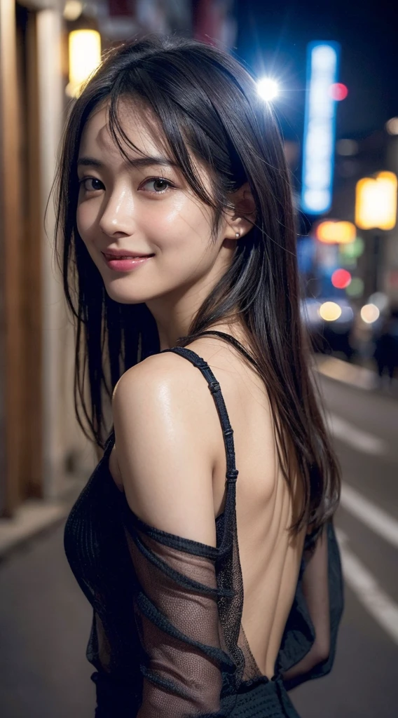 Black sheer silk blouse dress、(photoreal:1.4)、(hyper realistic:1.4)、(realistic:1.3)、(soft lighting:1.05)、(映画の照明Quality improvement:0.9)、32K、1 girl、27 year old beauty、City night view, backlight、face lighting、ray tracing、(Quality improvement:1.4)、(Top quality real textured skin:1.4)、finely tuned、detailed face、good eyes、(Improves the beauty of skin texture.:1.1)、realistic skin texture, Ayaka Miyoshi, ((A slightly smiling face. :1.1))