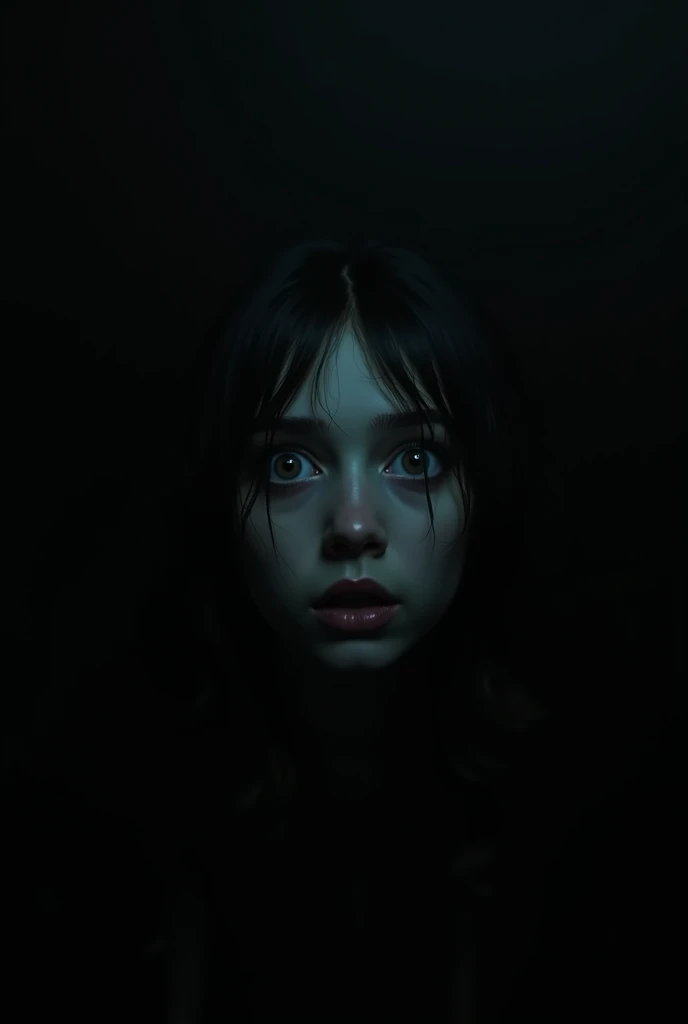 A pitch-black scene where the only visible detail is a faint outline of Sarah's terrified eyes wide open in the dark. The background is completely black, emphasizing the feeling of being trapped in darkness. There's a faint hint of a ghostly figure or shadow behind her, barely visible, adding to the horror. The image suggests the moment right before a scream, with an overwhelming sense of fear and doom.
