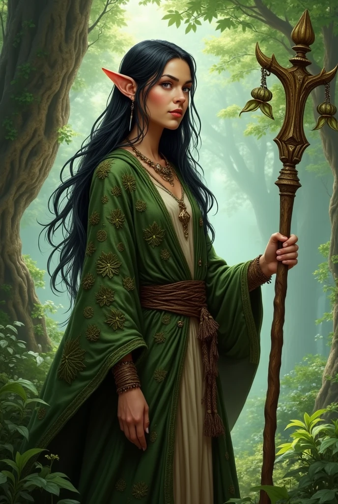 Create a dubgeons and dragons character image of a middle aged female elve mage with small lips, long black hair in a brown and  green robe made of leafs holding a wooden staff  in a forest
