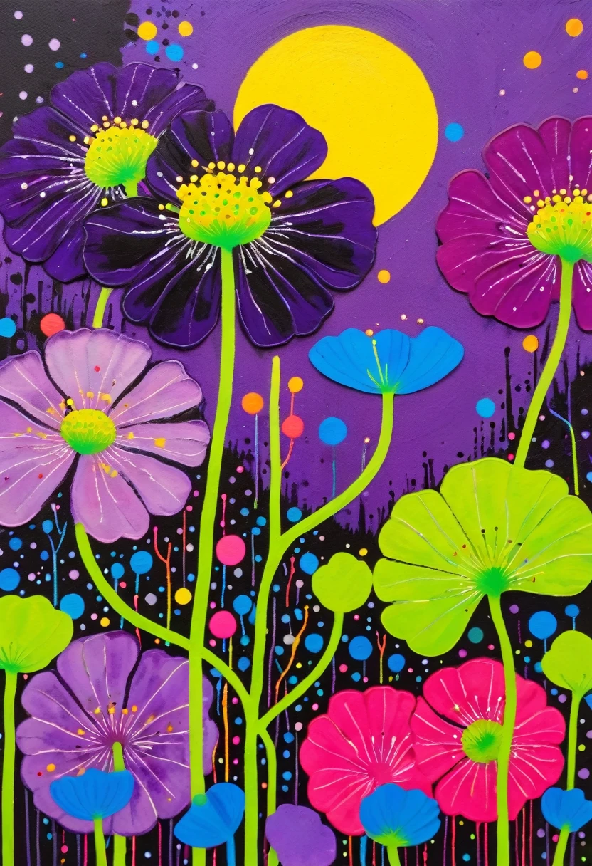 A painting，Inspired by Yayoi Kusama：(((Colorful black，Chalk painting，Oil stick painting，Volume，Thick coating，Uneven texture，Plaster texture，Graffiti，Dot)))。Colorful black，((（Dichondra micrantha Urban）)), Bright colors, Purple和, cute的, Bright colors，cute, Lavender Color and Color Schemes, 和Purple的配色方案,  Beautiful Art,  Purple, Whimsical Art, 和Purple色调, Lime and Violet, Close together,, spring, Inspired by Tomokazu Matsuyama, Delightful