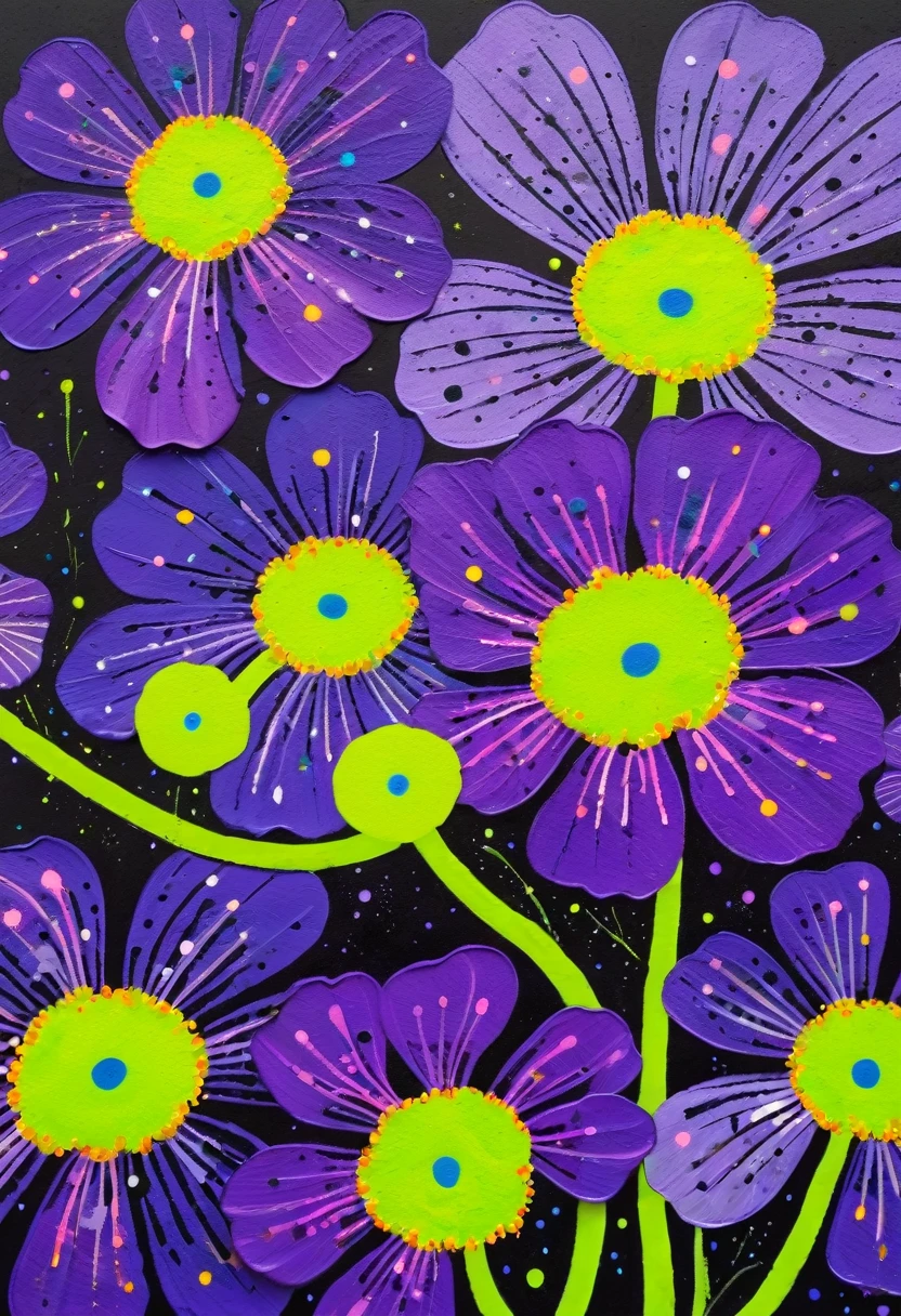 A painting,Inspired by Yayoi Kusama:(((Colorful black,Chalk painting,Oil stick painting,Volume,Thick coating,Uneven texture,Plaster texture,Graffiti,Dot)))。Colorful black,(((Dichondra micrantha Urban))), Bright colors, Purple和, cute的, Bright colors,cute, Lavender Color and Color Schemes, 和Purple的配色方案, Beautiful Art, Purple, Whimsical Art, 和Purple色调, Lime and Violet, Close together,, spring, Inspired by Tomokazu Matsuyama, Delightful