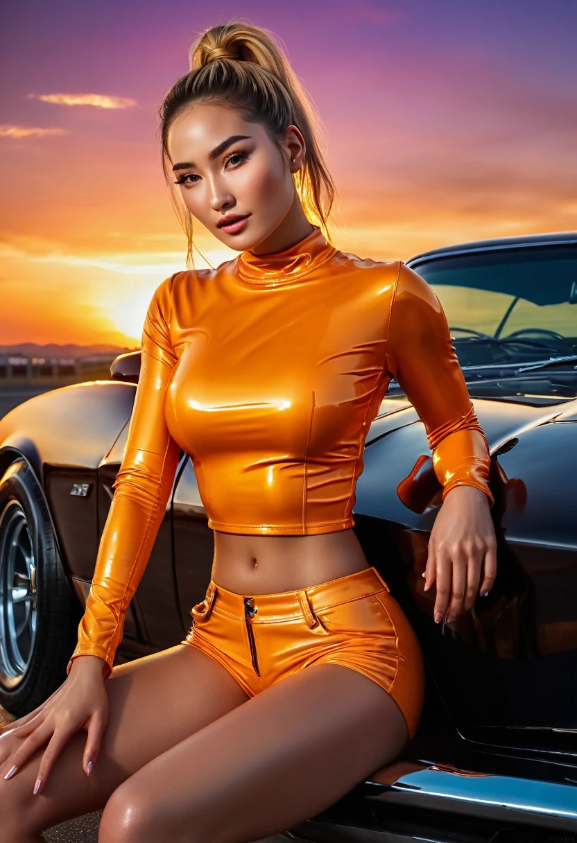 (Christina Chong beautiful face, narrowed eyes. smirk. black braided hair,) wearing (tight, fitted, snug) high cut latex booty shorts and cropped shirts stands between two (powerful, sleek) sitting on hood of Muscle Cars to start a race, engine roaring, in the backdrop of a vibrant Sunset. (Best quality, 4k, highres, masterpiece:1.2), ultra-detailed, (realistic, photorealistic, photo-realistic:1.37) prompt, with (HDR, UHD) quality and (studio lighting, sharp focus), high ponytail, copper-blonde hair, large breasts, bright light, perfect eyes, skin blemish, detailed skin, full person, blacklight makeup,ambr1