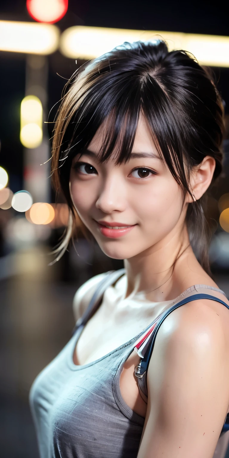 1 person, Tokyo Street,night, Streetscape,City lights,Upper Body,close,smile,, (8k, RAW Photos, Highest quality, masterpiece:1.2),(Realistic, photo-Realistic:1.37),