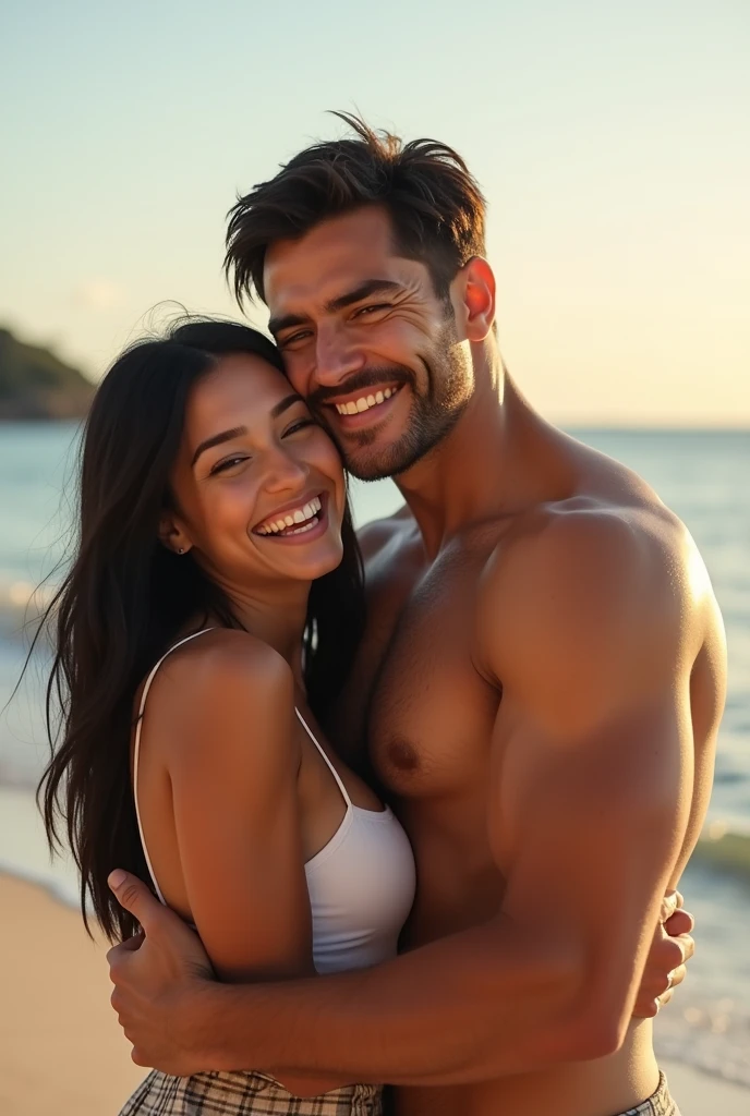 Casal de namorados em uma foto Grinning na praia. He is strong dark, short hair and no beard. She is black with straight black hair, Grinning