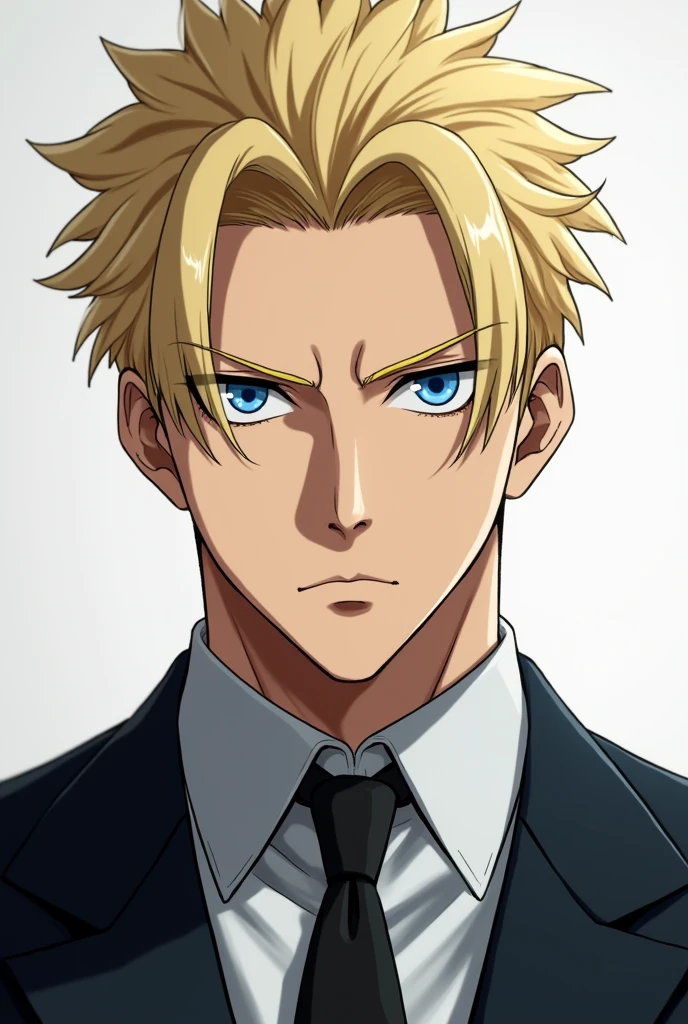 a serious man, in elegant suit, with hair styled in Nanami Kento&#39;s style, blonde in color. Her eyes are intense blue, conveying a firm and determined expression