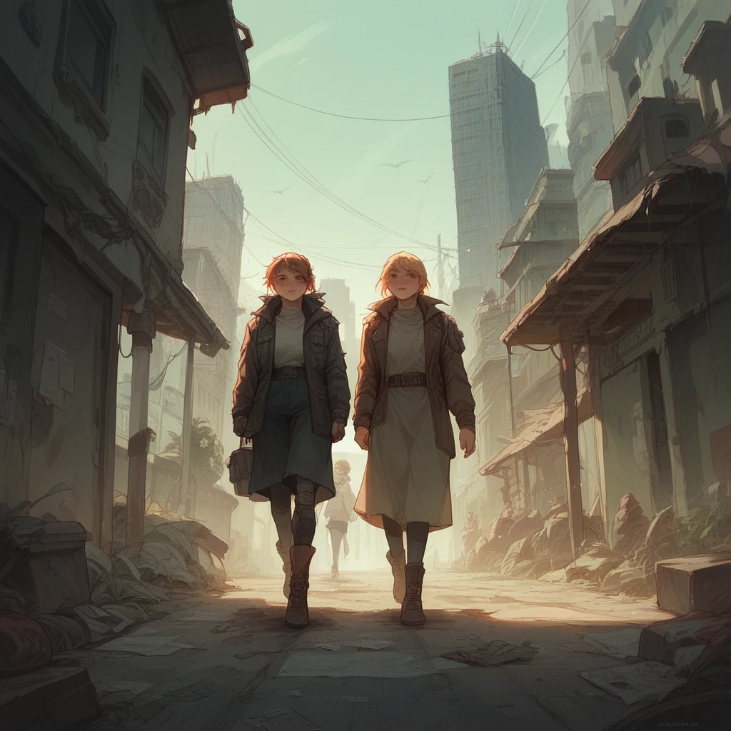 Two women walking through a desolate post-apocalyptic city