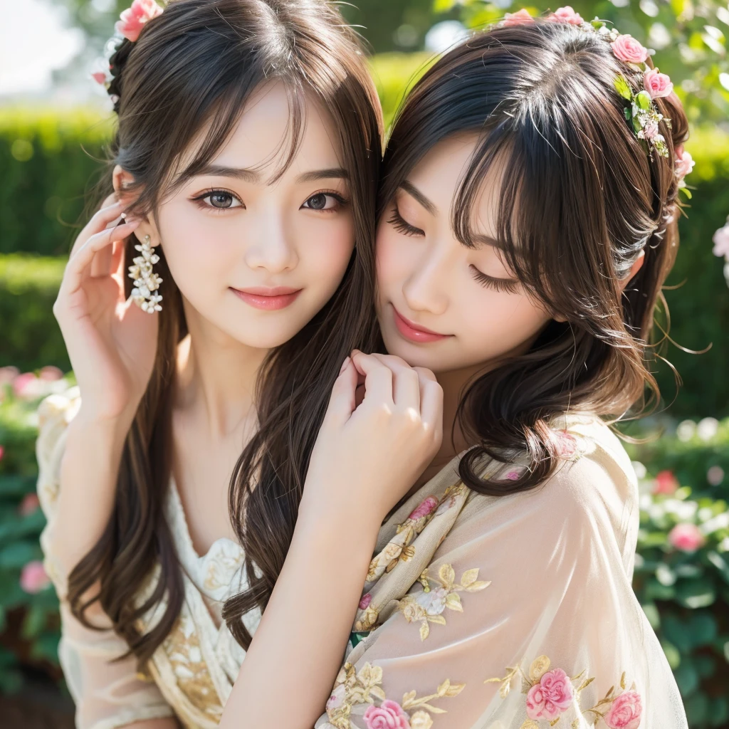 a cute girl winking, beautiful detailed eyes, beautiful detailed lips, extremely detailed face, long eyelashes, porcelain skin, soft lighting, natural lighting, high quality, 8k, detailed background, serene garden, lush greenery, vibrant colors, intricate floral patterns, delicate petals, dappled sunlight, photorealistic, elegant, whimsical, warm color palette