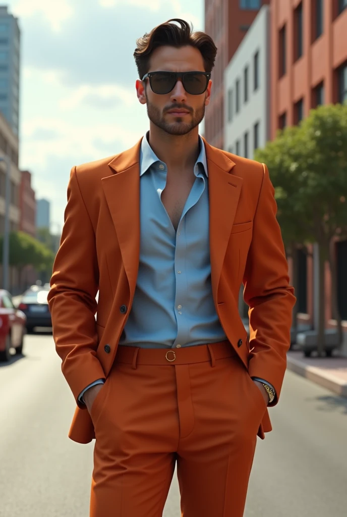 Terracotta suit light blue shirt 
