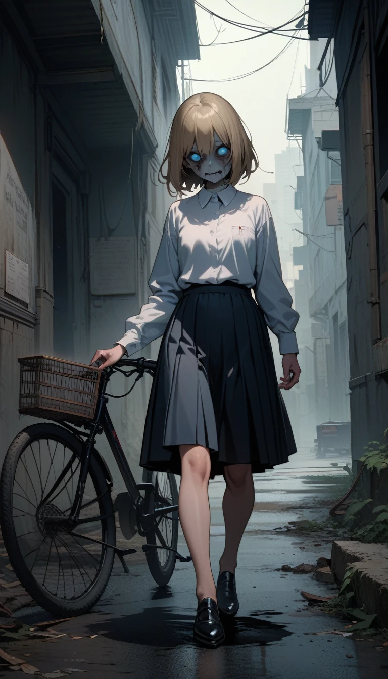 ((best quality)) , ((masterpiece)) , (detailed),The anime depicts an elegant girl with short blonde hair and blue eyes leaning against her bicycle holding flowers in one hand. She has fair skin, wears a white shirt, school uniform skirt, high heels, and the background shows a city street under a bright sky in the style of Hayao Miyazaki. High definition details, beautiful pictures, and high resolution are used to render her .,(((Horror-themed ， Eerie, unsettling, dark, spooky, suspenseful, grim, highly detailed,ugly face)))