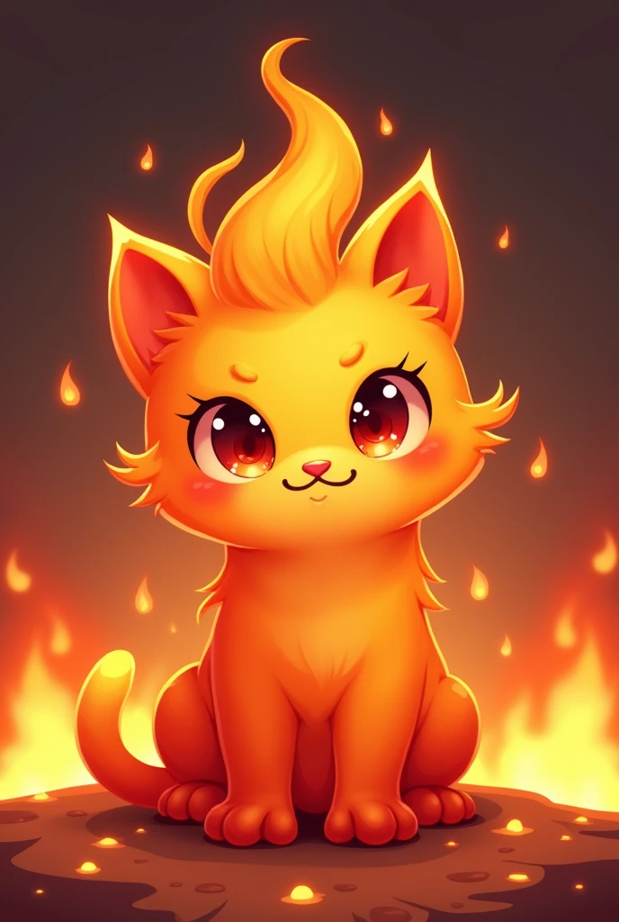 Design a head-only, minimalist, cute chibi-style portrait of 'Ignis,' a fiery cat-like slime character. Ignis should have a vibrant orange-red body with a glowing ember-like texture. The eyes should be large, expressive, and reflect the intensity of a fire. The character should have a flame-shaped tuft on top of its head, and a playful yet determined expression. The slime effect should be subtle but visible, with drips and glossy highlights. The background should feature fiery embers and a soft glow to emphasize the character's fiery nature.