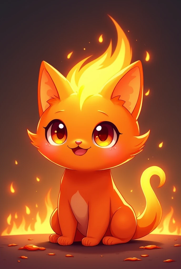 Design a head-only, minimalist, cute chibi-style portrait of 'Ignis,' a fiery cat-like slime character. Ignis should have a vibrant orange-red body with a glowing ember-like texture. The eyes should be large, expressive, and reflect the intensity of a fire. The character should have a flame-shaped tuft on top of its head, and a playful yet determined expression. The slime effect should be subtle but visible, with drips and glossy highlights. The background should feature fiery embers and a soft glow to emphasize the character's fiery nature.