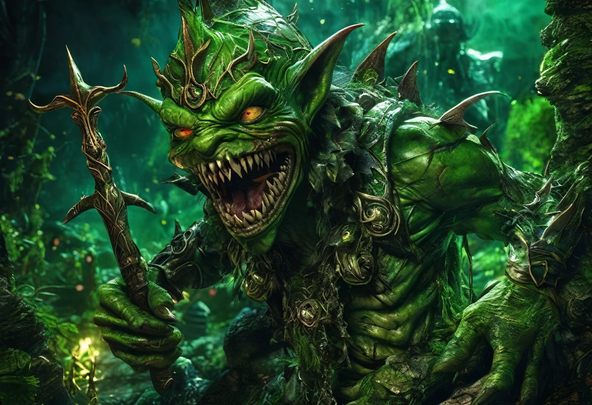(multiple subjects)(complex details)(a very high quality,4k,8k,highres,masterpiece:1.2), ultra-detailed, realistic, photorealistic:1.37, HDR, UHD, studio lighting, extreme detail description, professional, vivid colors, bokeh, landscape, fantasy, (Overarching theme:Horror Movie), seductive, alluring, detailed faces, (green skin, sexy, buxom, evil, little, insane, cannibal, female goblins) with crude sharp glinting weapons, they have sharp shark like teeth and they are hungry), cannibal black iron cauldron (with pieces 
 of elves in it), magic glade, moonlight, full body, show goblins from head to toe, show her entire body
