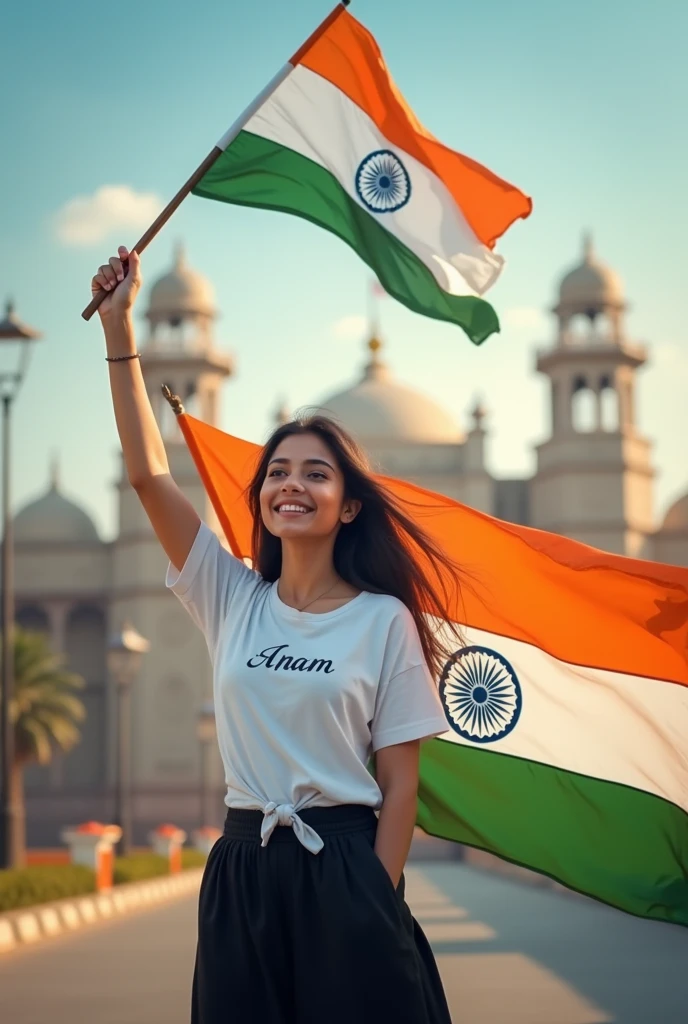 A real 26 years old women, Wearing white shirt Black Salwar and the name “Anam” is written on his t-shirt and the boy is standing on the road with holding a national flag of dehli India geat, and behind him is the india. And written on sky “Independence Day” Create Realistic image high quality