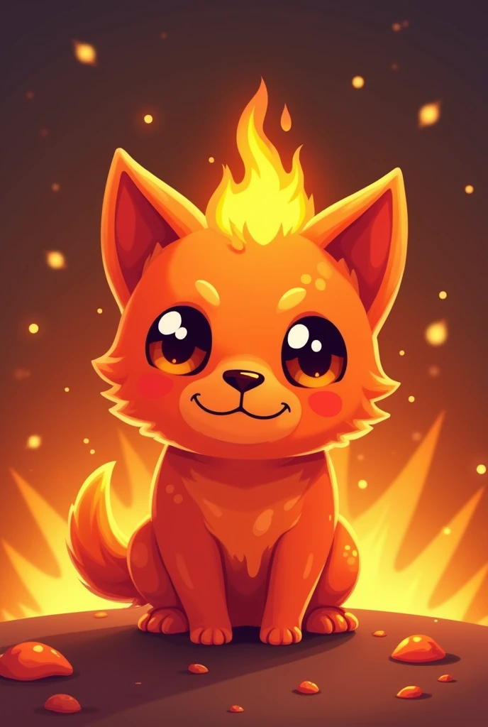 Create a head-only, minimalist, cute chibi-style portrait of 'Pyro,' a fiery dog-like slime character. Pyro should have a reddish-orange body with a molten, lava-like texture. The eyes should be big and round, with a mischievous glint, and the character should have a small flame on top of its head. The slime texture should include drips and a glossy finish, giving it a semi-translucent look. The background should be a blend of fiery tones, with sparks and glowing embers to complement Pyro's fire element